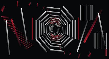 Abstract vector composition with rectangular gradient elements on black background, creating an illusion of weightlessness and floating motion