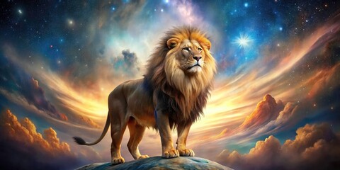 Noble Leo, cosmic lion reigns.  Starry galaxy, celestial art.