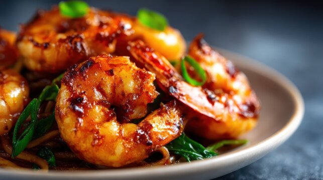 A vibrant plate of perfectly grilled shrimp served over a bed of savory noodles and fresh green vegetables, highlighting culinary excellence and mouthwatering flavors.