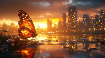 Golden butterfly rests on water's edge, city lights glow behind
