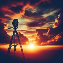 Sunset Photography Scene – Vintage Camera Silhouette