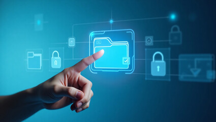 A hand touches a glowing blue digital folder icon, surrounded by connected security symbols (locks, etc.) on a blue background, representing data access/security.