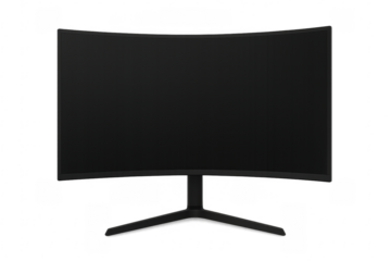 Realistic curved computer monitor showing black screen on transparent background