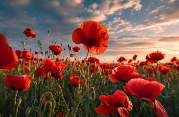 Obraz premium Beautiful field of red poppies in full bloom at sunset. One tall poppy stands out in the foreground, glowing in the warm golden light. A peaceful nature scene with dramatic clouds and soft sunlight