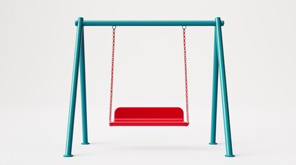 Centered and symmetrical top view of full swing set, focused lighting from above, red seat contrasted by blue steel frame, on pure white backdrop