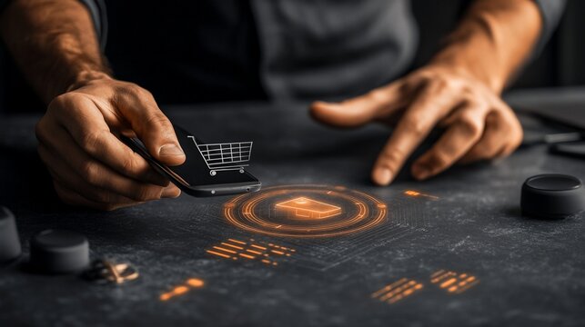 Man uses smartphone for online shopping, interacting with a digital interface showing a shopping cart and payment details