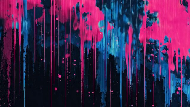 Dynamic Abstract Animation of Dripping Neon Pink and Blue Paint with Digital Glitch Effects