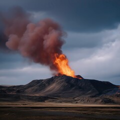 Volcanic Explosion with Vibrant Orange Smoke Against Stormy Sky