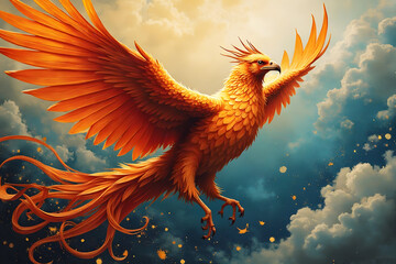 Majestic Bird Soaring Through Cloudy Sky with Orange and Gold Feathers