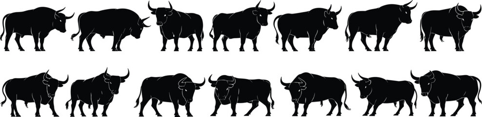 Vector silhouette illustration of wild buffalo animals in various poses, side views, black shapes, isolated on white background for design