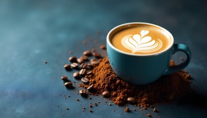 coffee scene featuring freshly ground coffee, whole coffee beans, and a steaming cup of coffee. Set against a textured slate background