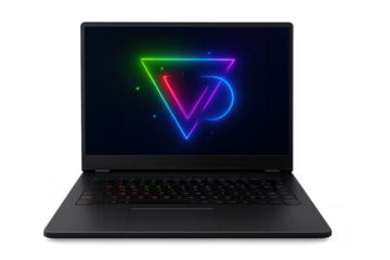Modern gaming laptop showing colorful neon light shapes on transparent background