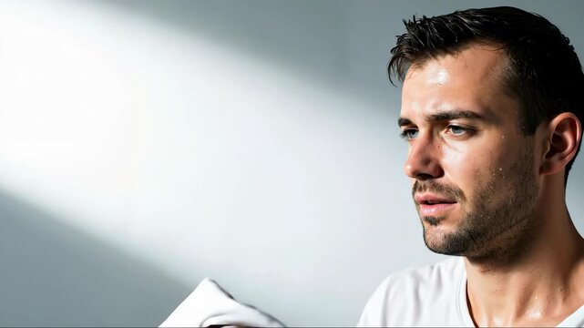 Man wiping sweaty forehead with white cloth in harsh light, cinematic closeup, concept of heat, exhaustion and dehydration awareness, suitable for health services, problem promos