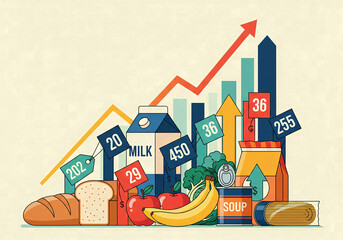 Rising food costs and inflation chart with groceries, bread, milk and eggs