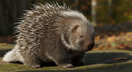 Fototapeta premium Cute Small Hedgehog with Spiky Fur Sitting Outdoors in Autumn Scene