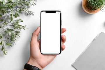 Smartphone held in hand, white background, plants