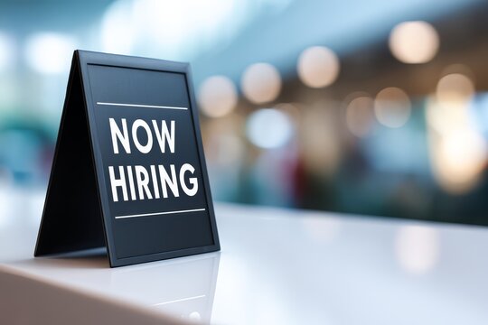 Now Hiring tabletop tent card in modern office lobby, clean recruitment callout