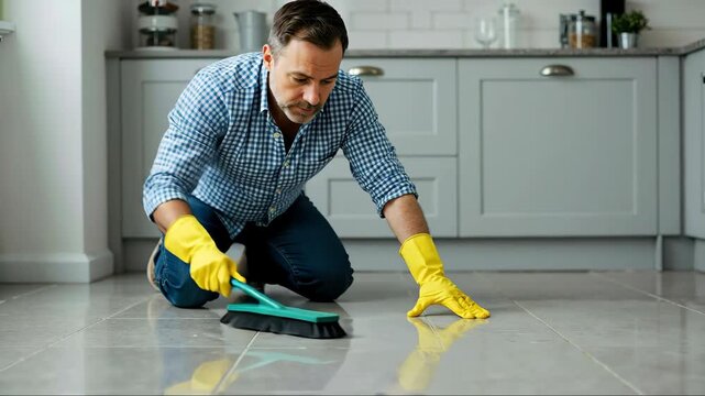 Man scrubbing tiled kitchen floor with brush and gloves, cinematic natural light, concept of cleaning, hygiene and home services, perfect for housekeeping promos