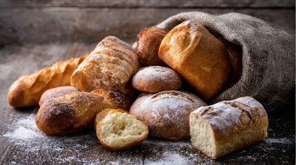 Assorted fresh bread loaves on rustic wooden table for bakery display