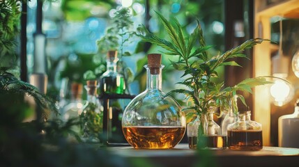 Glass flasks with herbal plants in natural light for botanical science concept