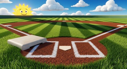Baseball Field with Dugout and Sunny Sky in Cartoon Style