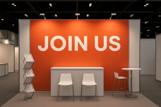 Join Us recruitment booth at expo hall, bright orange backdrop with seating