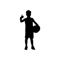 Full-body silhouette of a young boy, likely pre-teen, in basketball attire, holding a ball and giving a thumbs-up.