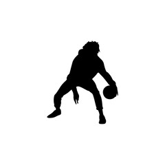 A bold, black silhouette of a basketball player in a dynamic, low-to-the-ground dribbling or shooting position.