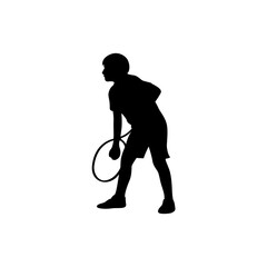 A dynamic silhouette of a boy playing tennis, showcasing a moment of concentration and action.