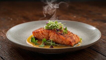 Grilled Salmon Fillet with Microgreens, Edible Flowers, and Herb Sauce on Ceramic Plate over Rustic Wood &ndash; Steaming Hot Gourmet Seafood Dish for Food Styling &ndash; Generative AI