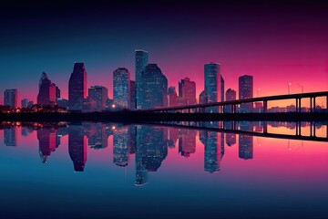 Fototapeta premium Vibrant city skyline reflected in water at dawn