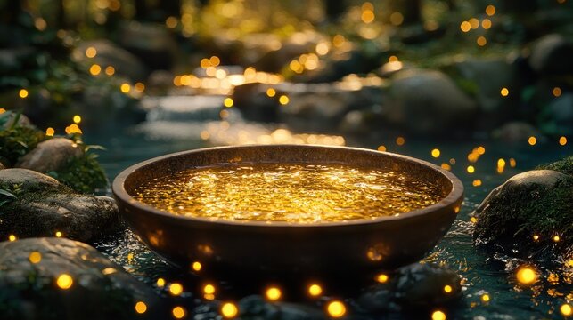 Golden water bowl in a mystical forest stream