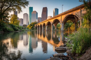 Fototapeta premium Cityscape reflected in a calm river at dawn