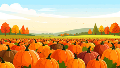 Scenic autumn landscape with a large pumpkin patch during the harvest season. A vibrant vector illustration of a fall farm field.