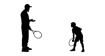 A dynamic silhouette of a coach guiding a child tennis player.