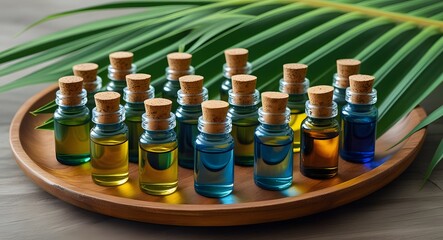 Aromatic Oils in Glass Bottles on Wooden Tray with Palm Fronds An Essential Oils Collection