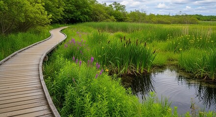 Explore the scenic boardwalk trail through the wetland marsh nature preserve area today