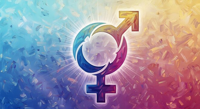 "Artwork of gender equality sign blending male and female symbols"