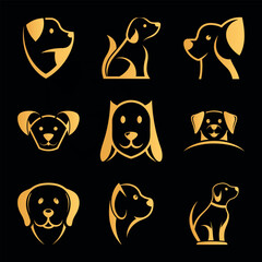Collection of stylized golden dog head icons on a black background