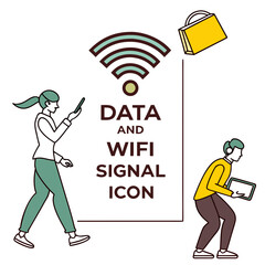 People interacting with technology and wifi data signal