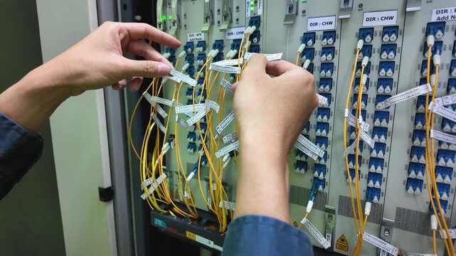 Network technician performing detailed inspection of fiber optic cable wiring in server room ensuring proper connection and system efficiency with careful hands and precise adjustments