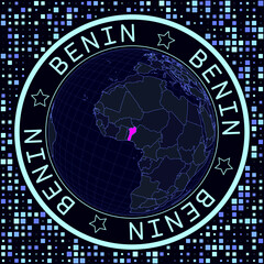 Benin on globe vector. Futuristic satelite view of the world centered to Benin. Geographical illustration with shape of country and squares background. Bright neon colors on dark background.