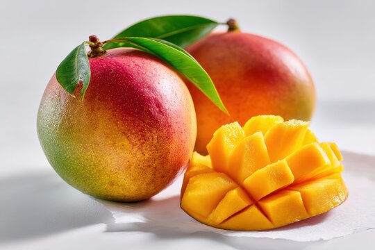 one whole Harumanis mango, plus one sliced section showing juicy orange flesh