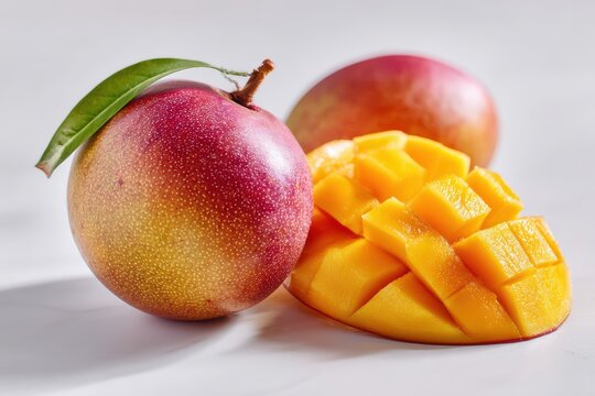 one whole Harumanis mango, plus one sliced section showing juicy orange flesh