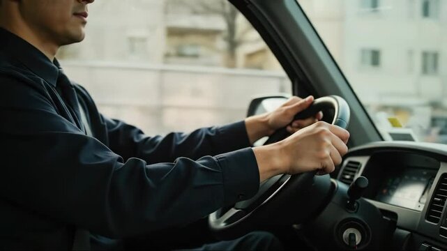 Male driver holding steering wheel in car cabin, cinematic closeup, concept of safe driving, transport service and travel, ideal for mobility promos, taxi apps and insurance banners