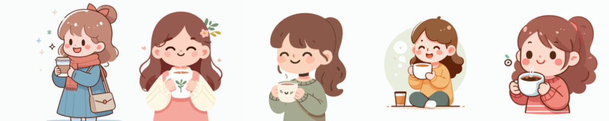 vector of a little girl drinking coffee in the morning