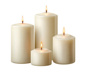 Four pillar candles white wax burning flame soft glow home decor relaxation peaceful ambiance festive element vertical arrangement isolated background
