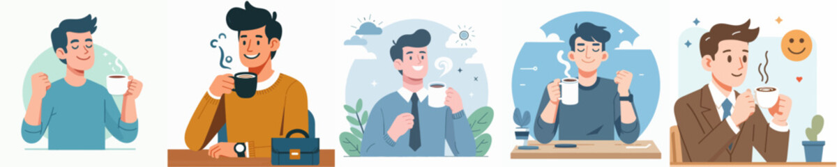 vector of a male employee drinking coffee in the morning