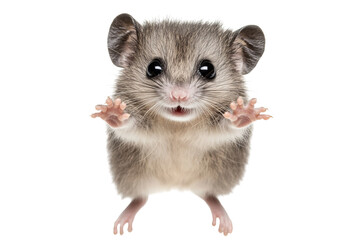 Cute gray mouse with big eyes and tiny paws, looking curiously at the viewer.