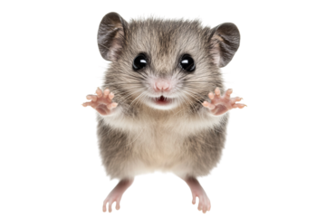 Cute gray mouse with big eyes and tiny paws, looking curiously at the viewer.